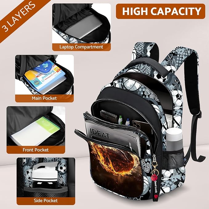 School Backpack for Boys - 4pcs Basketball Boys Backpack with Lunch Box Set for Kids Children Teens Elementary Middle School - 17″ Sport Bookbag Travel Back Pack for Age 6-18