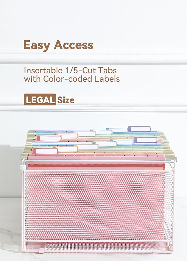 Plastic Legal Size Hanging File Folders, 12 Pack Pastel Hanging Folders, with Insertable 1/5-Cut Tabs for Filing Cabinets