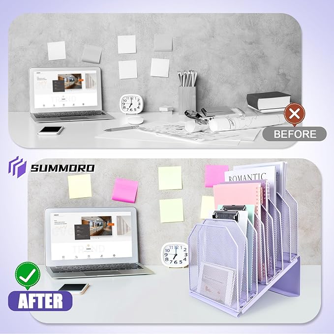 Inclined File Organizer for Desk, 7-Tier Vertical File Folder Holder Office Desk Organizer Metal Rack File Wire Mesh Desktop Document Sorter for Office School Classroom Home (Purple)