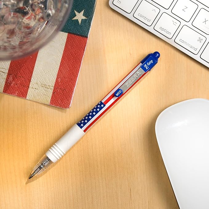 Zebra Pen Z-Grip Retractable Ballpoint Pen, 12-Pack American Flag Barrel, Black Ink, Medium Point 1.0mm, Soft Grip, Stylish Patriotic Design, Smooth Writing Pens (21775)