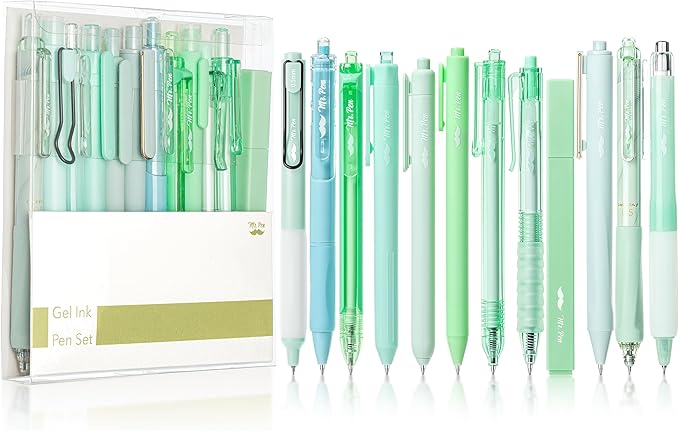 Mr. Pen- Gel Pen Set, 12 Pack, Pastel Green Barrels, 1 x Aesthetic Highlighter, 0.5mm Green Pens Black Ink