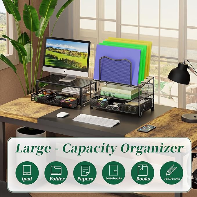 Simple Trending Mesh Desk Organizer with Sliding Drawer, Double Tray with 5 Sections File Bookshelf, Black