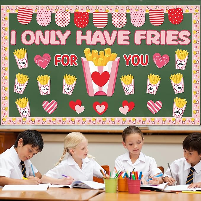 party greeting Valentine's Day Fries Bulletin Board Set Valentines I Only Have Fries for You Classroom Decor Love Heart Name Border Trims Paper Cutouts for School Classroom Home Wall Decor Supplies