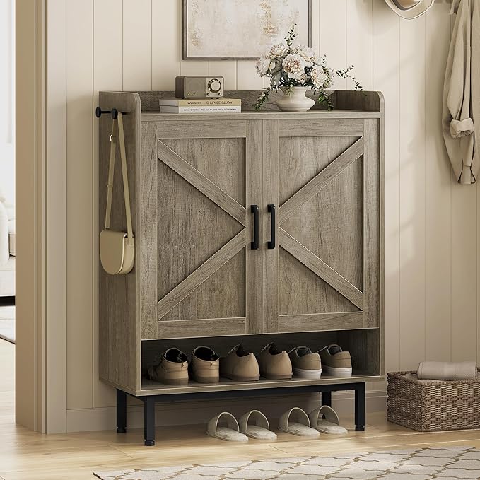 Yaheetech Shoe Storage Cabinet with Doors, Farmhouse Shoe Cabinet with 2 Adjustable Shelves and 4 Side Hooks, Wooden Shoe Rack Organizer Cabinet for Entryway, Foyer, Hallway, Washed Gray