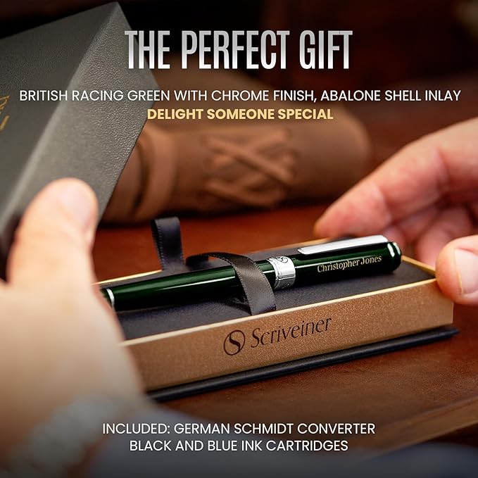 Scriveiner Personalized British Racing Green Fountain Pen - Stunning Green Lacquer Luxury Pen w/Chrome Finish, German Schmidt Nib (Medium), Best Engraved Pen Gift Set for Men & Women, Name Engraving