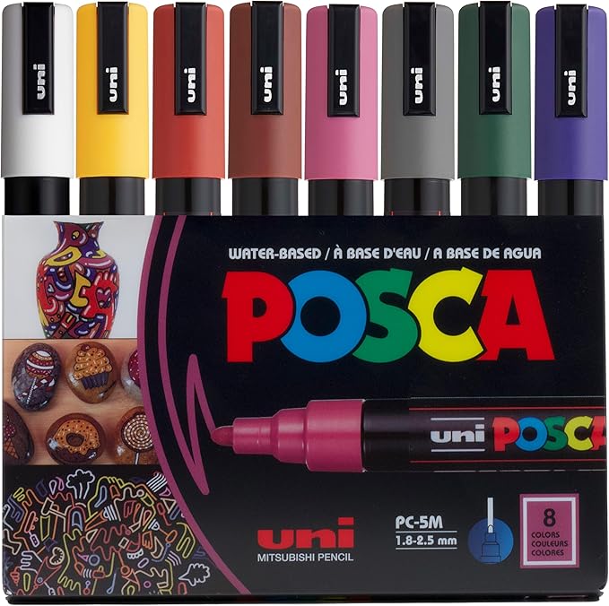 Posca Markers Set, 8 Medium Paint Markers 5M – Dark Tones – White, Ochre, Ruby Red, Cacao Brown, Raspberry, Deep Grey, English Green, Prussian Blue