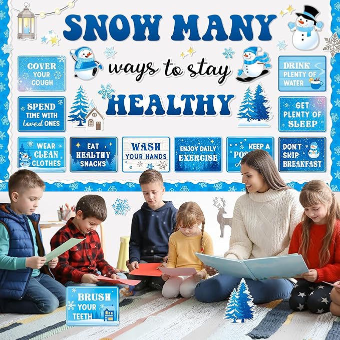 Ctosree 60 Pcs Winter Healthy Bulletin Board Decorations Set Good Habits Poster Snowman Snowflake Good Habits Cutouts for Winter Teacher Classroom School Office Chalkboard Wall Supply