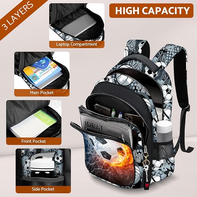 School Backpack for Boys - 4pcs Soccer Boys Backpack with Lunch Box Set for Kids Children Teens Elementary Middle School - 17″ Sport Bookbag Travel Back Pack for Age 6-18