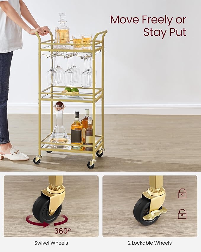 VASAGLE Bar Cart, Home Bar Serving Cart, Small Bar Serving Cart with 3-Tier Shelf, Wine Holders, Glass Holders, Mini Bar Cart for Small Spaces, Kitchen, Dining Room, Living Room, Pale Gold