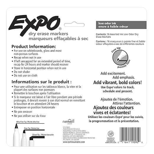 EXPO Dry Erase Markers, Whiteboard Markers with Low Odor Ink, Fine Tip, Assorted Vibrant Colors, 16 Count