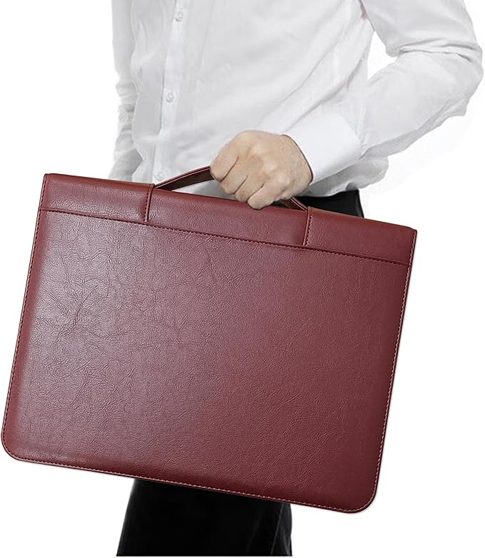 Faux Leather 3 Ring Portfolio Binder With Handle, Business Padfolio for Men & Women, Zippered Document Organizer for Home & Office Use, Including Clipboard, Notepad and Sheet Protectors (Brown)