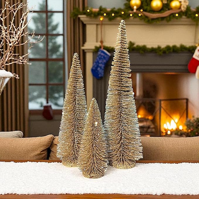 RAZ Imports Set of 3 Bottle Brush Trees – 17”, 14”, 9” Modern Christmas Holiday Winter Décor – Glittery Tabletop Mini Trees for Home Office Shelf Desk Mantel Fireplace Decoration (Gold Glittered)