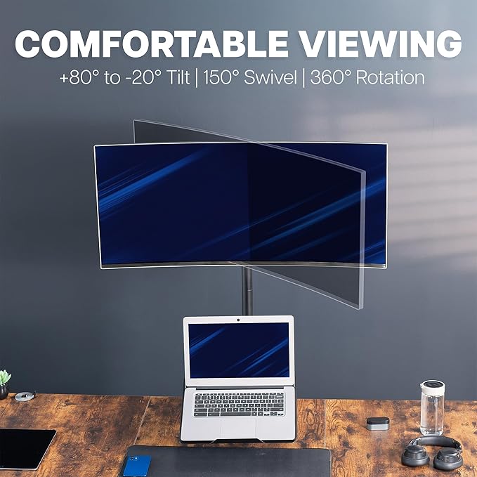 VIVO Extra Tall Desk Mount for up to 49 inch Ultrawide and Tray for up to 17 inch Laptop, Clamp-on Adjustable Stand Holds 44 lb Screens, VESA up to 100x100, Black, STAND-V012C