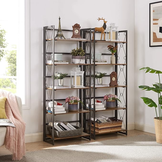 VECELO Folding Bookshelf, 5-Tier Foldable Bookcase Easy Assembly, Industrial Tall Book Shelf Storage Organizer for Living Room/Home Office