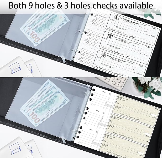 LLi Cufite 3 Rings Check Binder for End-Stub Deskbook Checks, Zipper Business Check Binder, 3 on a Page, Fit 3 & 9 Holes Check Faux Leather (9.5" x 12.6") (Black)