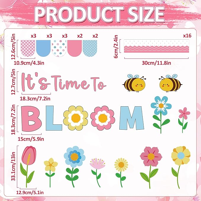 Spring Flower Bloom Bulletin Board Classroom Spring Bulletin Board Decorations Colorful Flower Bulletin Board with Rainbow Floral Paper Cutout Bee Cutouts for Classroom Door Wall Decor
