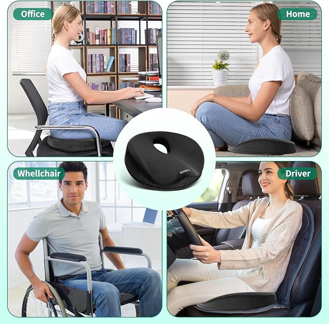 SAHEYER Donut Pillow for Tailbone Pain, Memory Foam Hemorrhoids Pillow for Sciatica Nerve, Sciatica Hip Coccyx Seat Cushion for Long Sitting Office Workers, Car Drivers, Black
