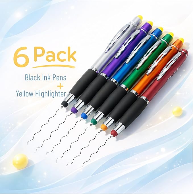 Mr. Pen- Bible Highlighter with Pen and Stylus for Touchscreens, 3 in 1, 6 Pack, Colorful Barrels, Black Ink Ballpoint Ink Pens, Yellow Wax Gel Highlighters