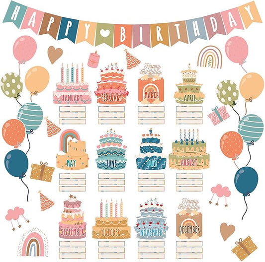 87 Pcs Boho Birthday Bulletin Board Decorations Boho Classroom Bulletin Decor Happy Birthday Board Cutouts for School Classroom Chart Calendar Wall Decor