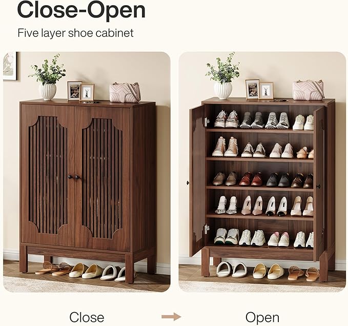 Tribesigns Shoe Cabinet with Doors, 5-Tier Shoe Storage Cabinet with Adjustable Shelves, 20 Pairs Wooden Shoe Rack Organizer, Tall Narrow Shoe Cabinet for Entryway, Hallway, Living Room, Walnut
