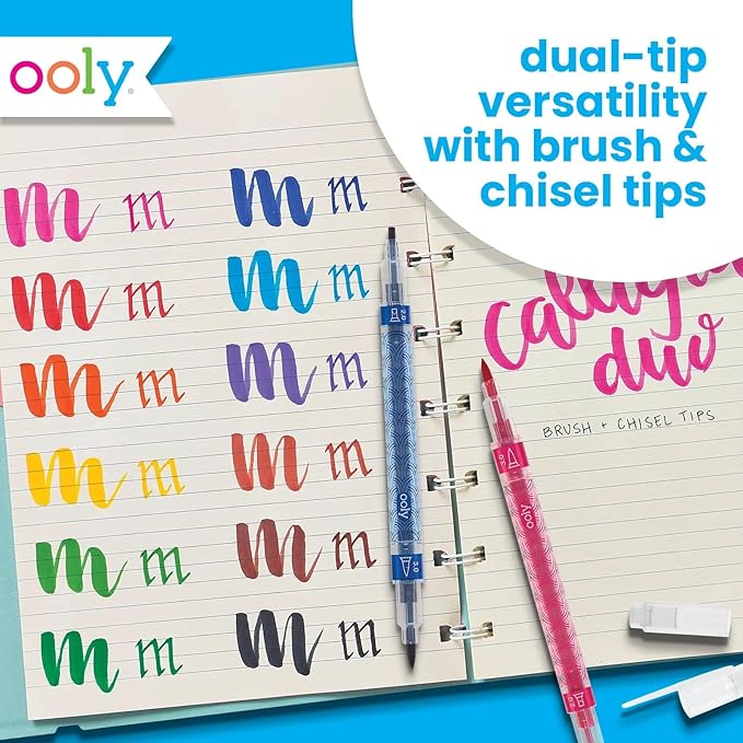 Ooly Calligraphy Duo - 12 Double Ended Calligraphy Pens for Writing & Hand Lettering, Dual Tip Pens for Beginners or Kids Includes 1 Brush & 1 Chisel Tip Pen in Classic Colors