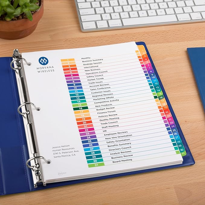Avery 1-31 Dividers for 3 Ring Binders, 31 Tabs per Set, Customizable Table of Contents, Multicolor Tabs, Great for Organizing Reports, Projects, and More (12 Sets of 11129)