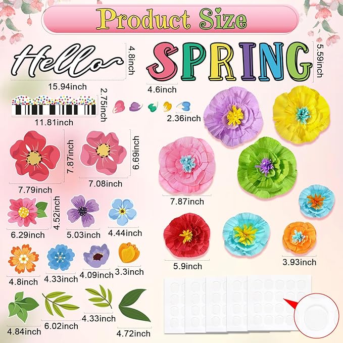 62 Pcs Hello Spring Bulletin Board Sets Spring Flower Classroom Decoration 3D Floral Bulletin Board Flower Cutouts for Classroom Chalkboard Wall Decor
