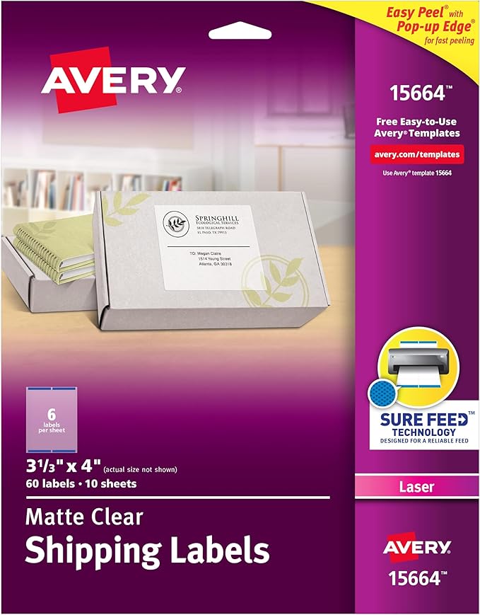 Avery Printable Shipping Labels with Sure Feed, 3-1/3" x 4", Matte Clear, 60 Blank Mailing Labels (15664)