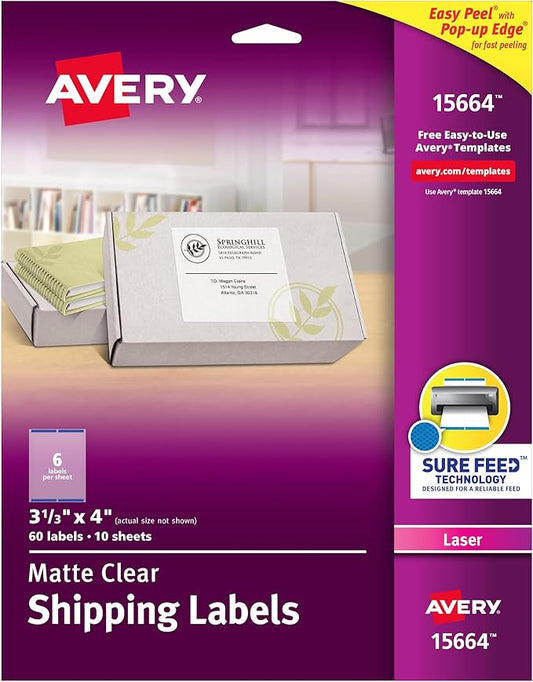 Avery Printable Shipping Labels with Sure Feed, 3-1/3" x 4", Matte Clear, 60 Blank Mailing Labels (15664)