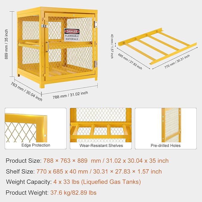 VEVOR Horizontal Cylinder Storage Cabinet, 4 x 33 lbs Cylinder Capacity, 31.02x30.04x35 inch Propane Storage Cage, Gas Cylinder Cabinet, Yellow Powder Coat Finish, for Freon, Gases, Oxygen, Nitrogen