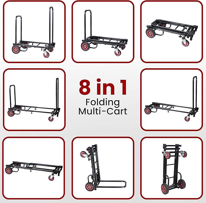Pyle Compact Folding Adjustable Equipment Dolly - Heavy Duty 8-in-1 Convertible Cart Hand Truck/Dolly/Platform Cart with R-Trac Wheels - Expandable Up to 25.24" to 40.24" - 200 LBS MAX Load Capacity