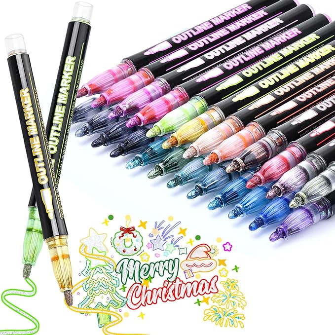 24Colors Outline Glitter Markers, Coloring Gel Pens for Stocking Stuffers, Colored Drawing Pens for Christmas Gifts, Glitter Gel Pens Shimmer Markers for Art Supplies