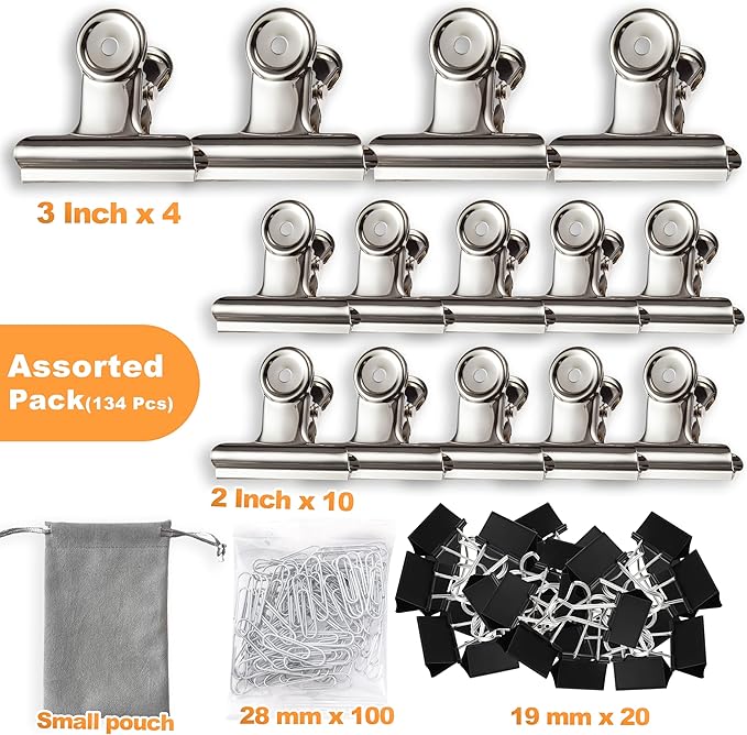 Stainless Steel Metal Hinge Clips Assorted Pack, Large Bulldog Clips 3 Inch & 2 Inch, Bull Hinge Clip for Crafts, Photo, Drawing, Backdrop, Food Bags at Home, Office, School (Silver)