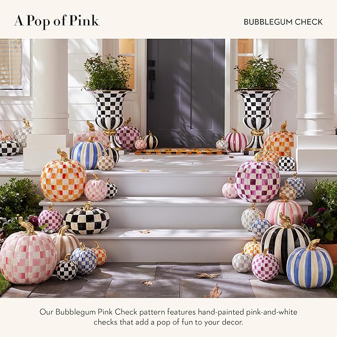 MACKENZIE-CHILDS Mini Pumpkin, Resin Halloween Home Decor, Pink-and-White Bubblegum Pink Check
