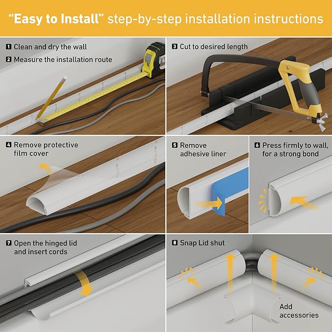 D-Line 157in Cord Cover Kit, Self-Adhesive Wire Hiders, Cable Raceway to Hide Wires on Wall, Electrical Cable Management - 10x 15.7 Lengths & 19 Accessories - 1.18" (W) x 0.59" (H) - Gray