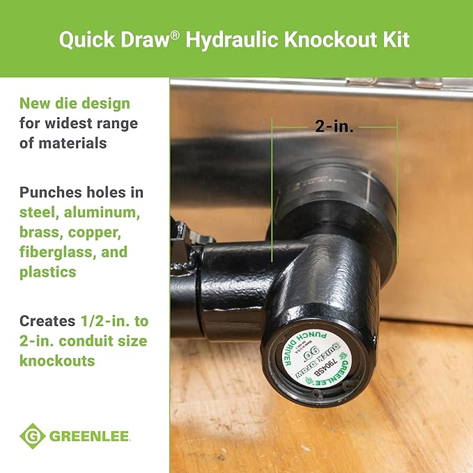 Greenlee 7906SB 8-Ton Hydraulic Knockout Punch Kit with Quick Draw 90 Knockout Driver, 1/2" to 2" Slug-Buster Punches, Dies, and Short Hydraulic Draw Studs