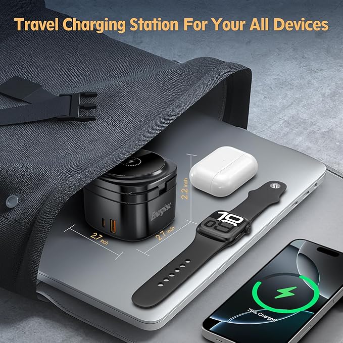 Energizer Foldable Apple Magsafe Charging Station with 65W USB C Fast Charger,5 in 1 Magnetic Wireless Charger Stand Dock for Multiple Devices iPhone 16 15 14 13 Pro Max Apple Watch AirPods MacBook