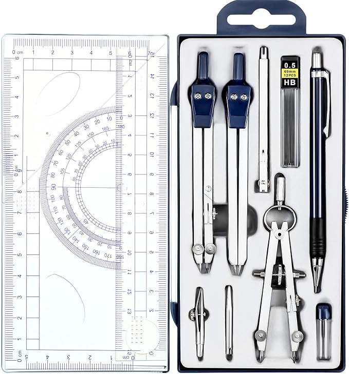 Outus 13 Pcs Geometry Set for Students Math Protractor Compass with Rulers Mechanical Pencil Lead Refills Storage Box of Protractors Kit for School Class Student Drafting Drawing