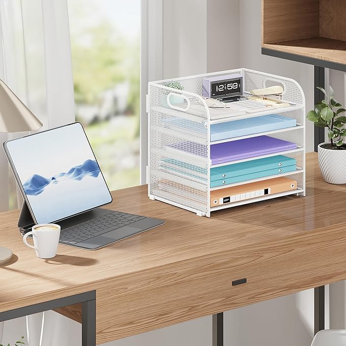 2 Pack 5 Tier Paper Organizer, Letter Tray with Handle, Mesh Desk Organizer, Metal File Organizer, Office Desk Accessories for Home, Office, Classroom, School -White