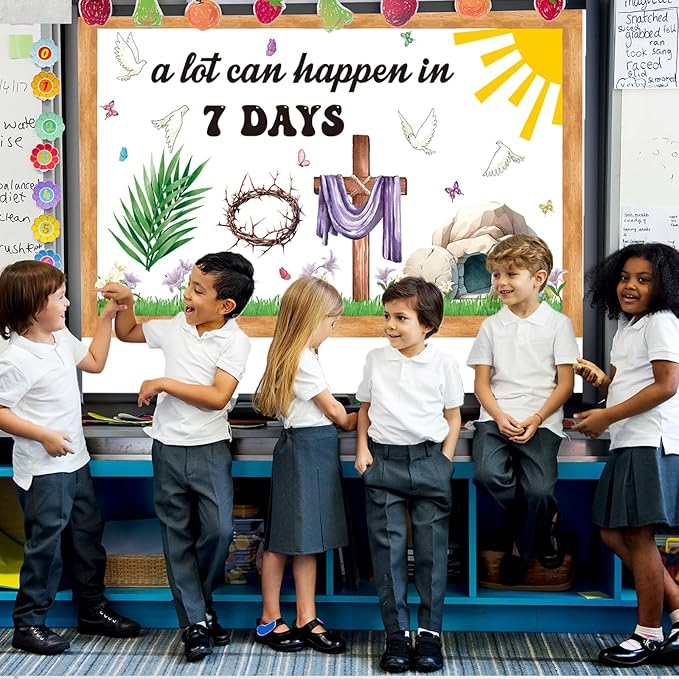 Easter Religious Bulletin Board Decorations Set with Borders Jesus Classroom Decor for Teachers A Lot Can Happen in 7 Days Bulletin Board for Class Sunday School Classroom Bulletin Board Decoration
