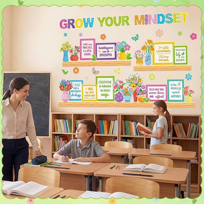 Qilery Grow Your Mindset Bulletin Board Set Spring Floral Classroom Decorations - Motivational Potted Plant Flower Cutouts for Teachers - Positive Affirmations Wall Art for Elementary School Counselor