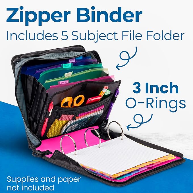 Case-it Mighty Zip Tab School Zipper Binder | 3-Inch O-Rings, 600-Sheet Capacity, 5-Subject Expanding File Folder, Multiple Pockets & Storage Organizer, Shoulder Strap | D-146 Magenta