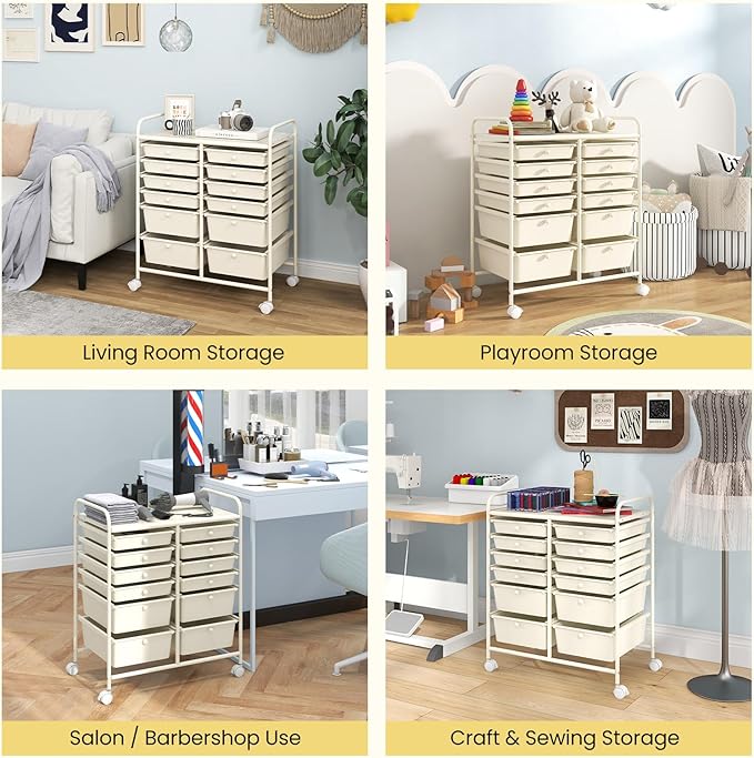 COSTWAY 12-Drawer Rolling Storage Cart, Moveable Art Craft Organizer W/Lockable Wheels, Metal Shelf, Files Arrangement Tools Makeup Storage Cart for Office, Home, School, White