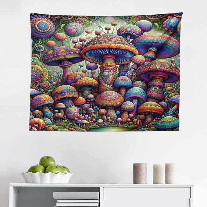 Ambesonne Mushroom Tapestry, Art Trippy Jungle with Colorful Huddles of Oriental Motifs Outer World Psychedelic, Fabric Wall Hanging Decor for Bedroom Living Room Dorm, 28" X 23", Multicolor