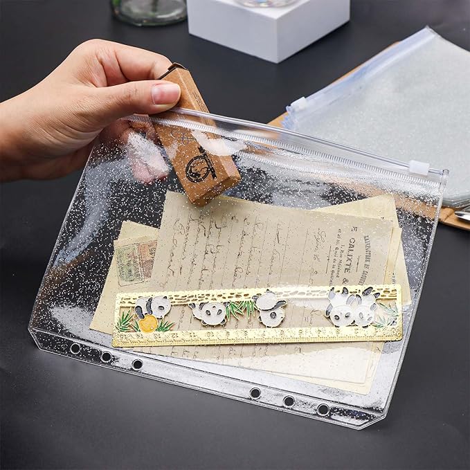10pcs A5 Cash Stuffing Envelopes Zipper Binder Pockets Clear Glitter PVC 6 Hole Zip Sleeves Loose Leaf Pouches for 6 Ring Binder Planner (A5 5.91" x 8.19")