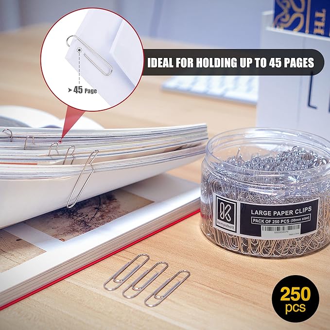 250 Large Paper Clips Smooth, Jumbo Paper Clips for Paperwork Ideal for Home, School and Office Use (Large, Silver)