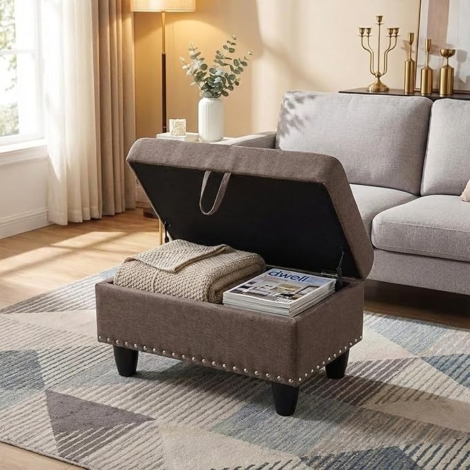 Simple Deluxe Ottoman with Storage Bench Chair, 28.5" L x 19.5" W x 17.5" H Foot Rest Stools with Non-Woven Fabric,Ottoman Storage Chest Box with Padded Seat for Bedroom, Living Room, Entryway,Brown