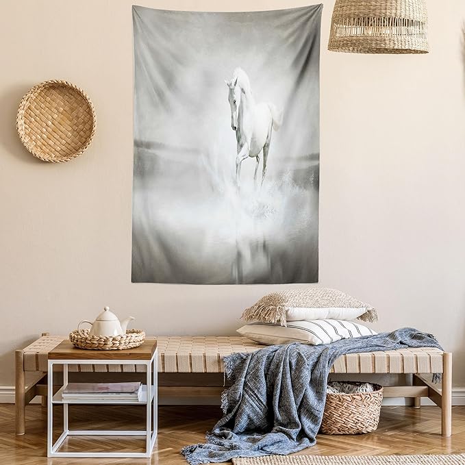 Ambesonne Horses Tapestry Twin Size, Wild Horse Running Through Water Dramatic for the Motivation of Life Art, Wall Hanging Bedspread Bed Cover Wall Decor, 68" X 88", Black and White