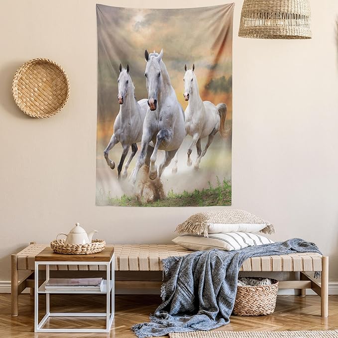 Ambesonne Horses Tapestry, Stallion Horses Running on a Mystic Sky Background Male Champions Print, Wall Hanging for Bedroom Living Room Dorm Decor, 40" X 60", White Orange