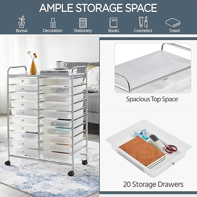 Yaheetech 20 Drawers Rolling Storage Cart Multipurpose Movable Organizer Cart Tools Scrapbook Paper Organizer on Wheels, White